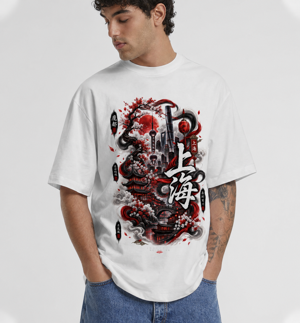 Shanghai Crimson Skyline Oversized Tee